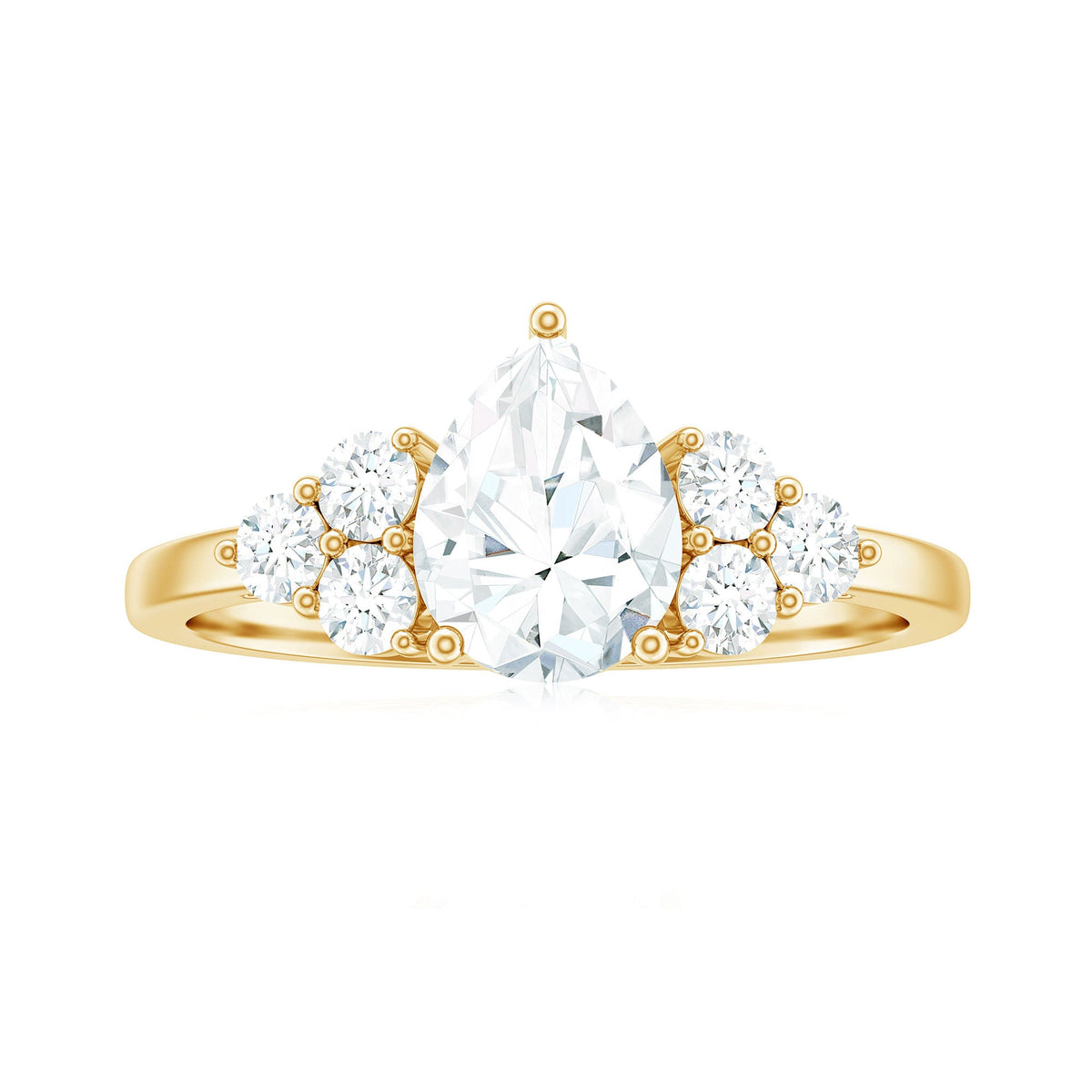 Certified 1.3 Carat Moissanite Pear Engagement Ring with Trio stones from Rosec Jewels, showcasing a sparkling pear-shaped center stone.