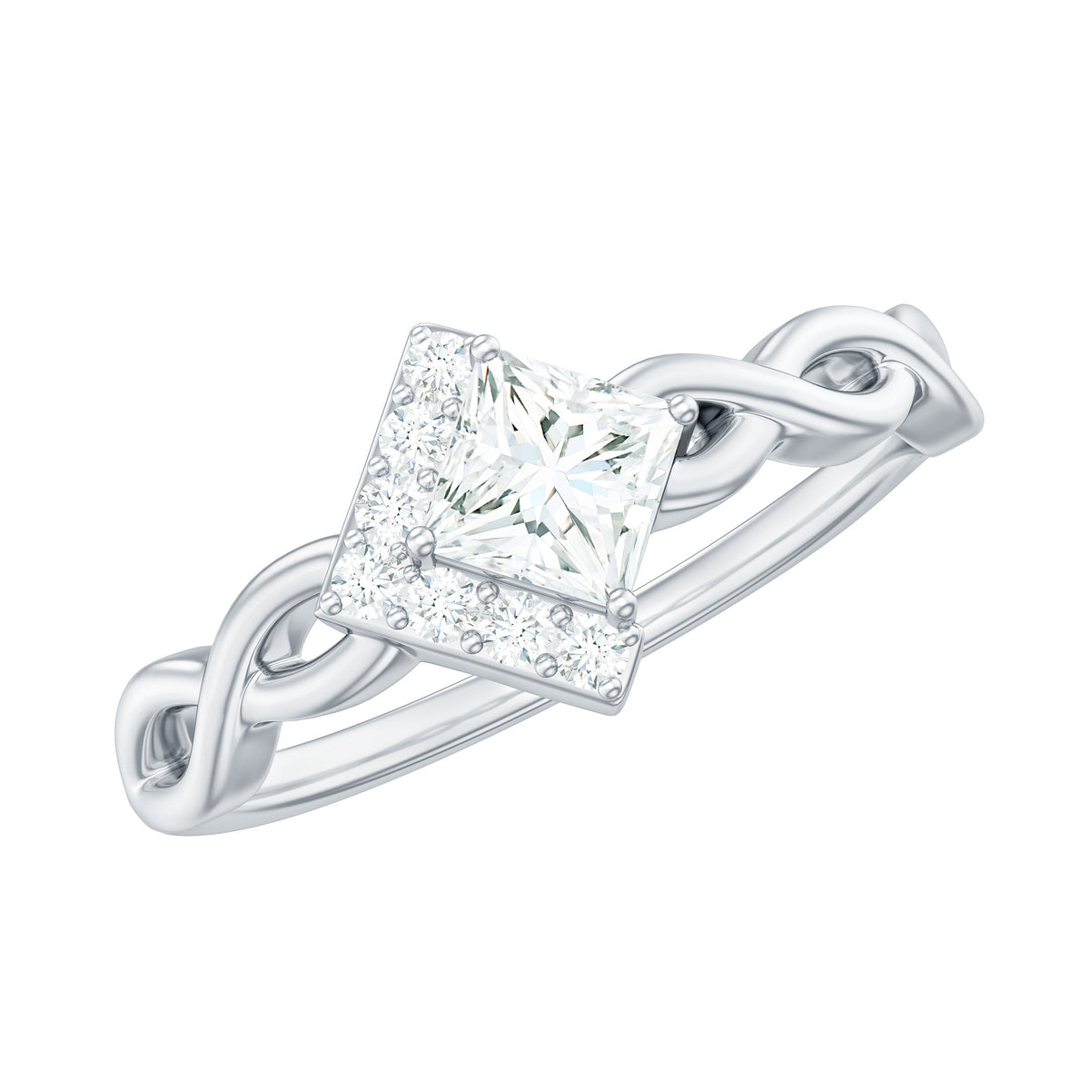 Rosec Jewels princess cut moissanite infinity promise ring with half halo, showcasing sparkling central stone and elegant design.
