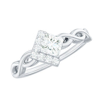 Rosec Jewels princess cut moissanite infinity promise ring with half halo, showcasing sparkling central stone and elegant design.