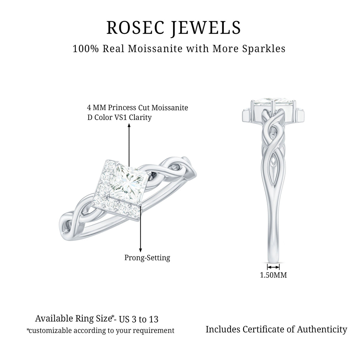 Princess cut moissanite infinity promise ring with half halo, showcasing sparkling center stone and elegant design from Rosec Jewels.
