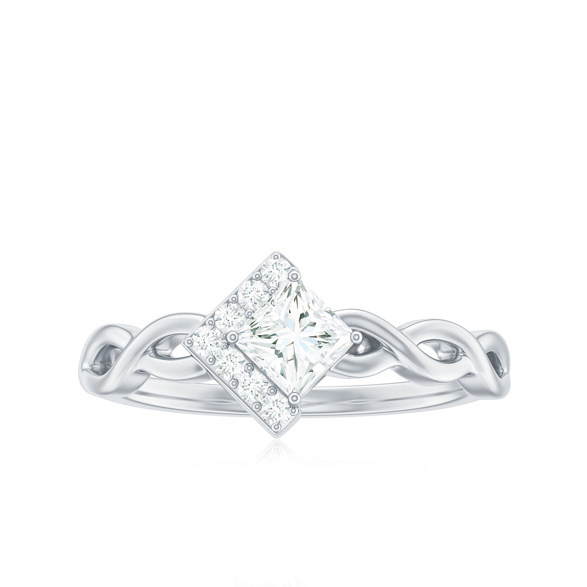Princess cut moissanite infinity promise ring with half halo, featuring elegant design and sparkling gemstones from Rosec Jewels.