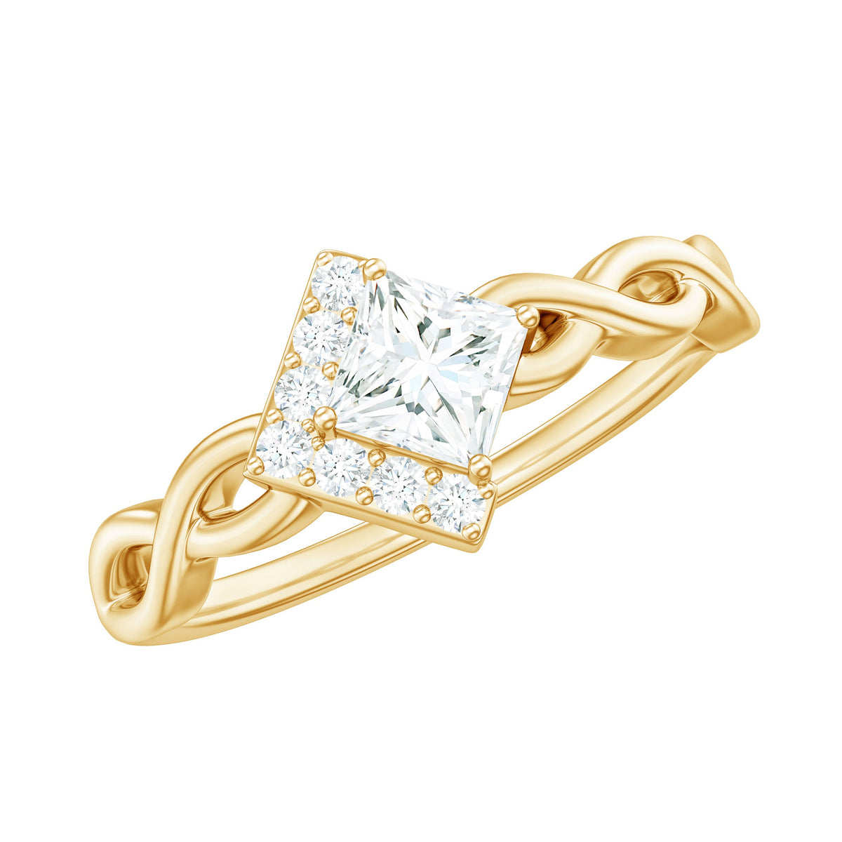 Rosec Jewels princess cut moissanite infinity promise ring with half halo, showcasing sparkling center stone and delicate band detail.