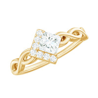 Rosec Jewels princess cut moissanite infinity promise ring with half halo, showcasing sparkling center stone and delicate band detail.