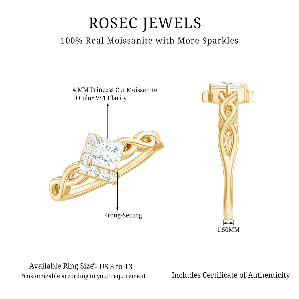 Princess cut moissanite infinity promise ring with half halo, featuring sparkling stones and a sleek silver band.