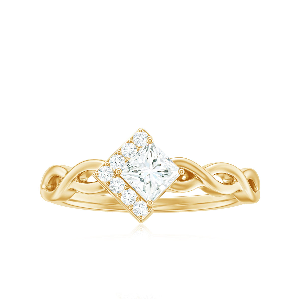 Princess cut moissanite infinity promise ring with half halo, featuring intricate band detail, from Rosec Jewels.