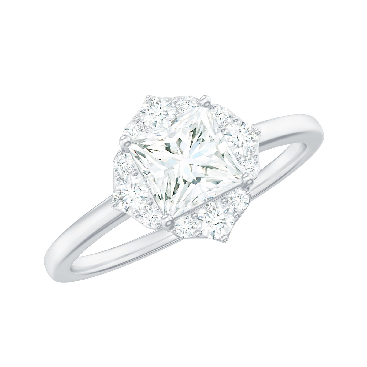 Princess cut moissanite floral engagement ring for women with intricate floral detailing, crafted by Rosec Jewels.