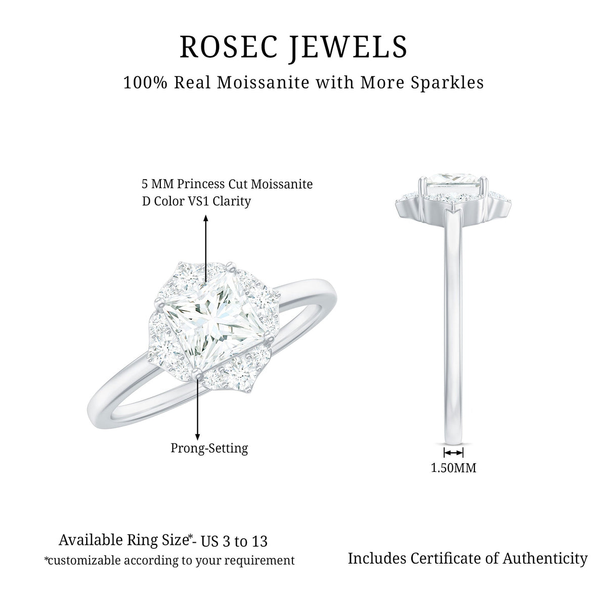 Princess cut moissanite floral engagement ring for women featuring intricate floral design, crafted by Rosec Jewels.