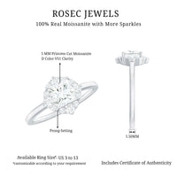 Princess cut moissanite floral engagement ring for women featuring intricate floral design, crafted by Rosec Jewels.