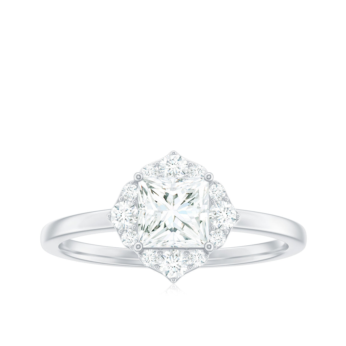Princess cut moissanite floral engagement ring for women by Rosec Jewels, featuring intricate floral design and sparkling center stone.