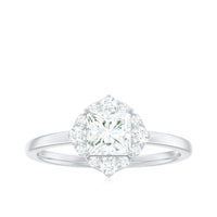 Princess cut moissanite floral engagement ring for women by Rosec Jewels, featuring intricate floral design and sparkling center stone.