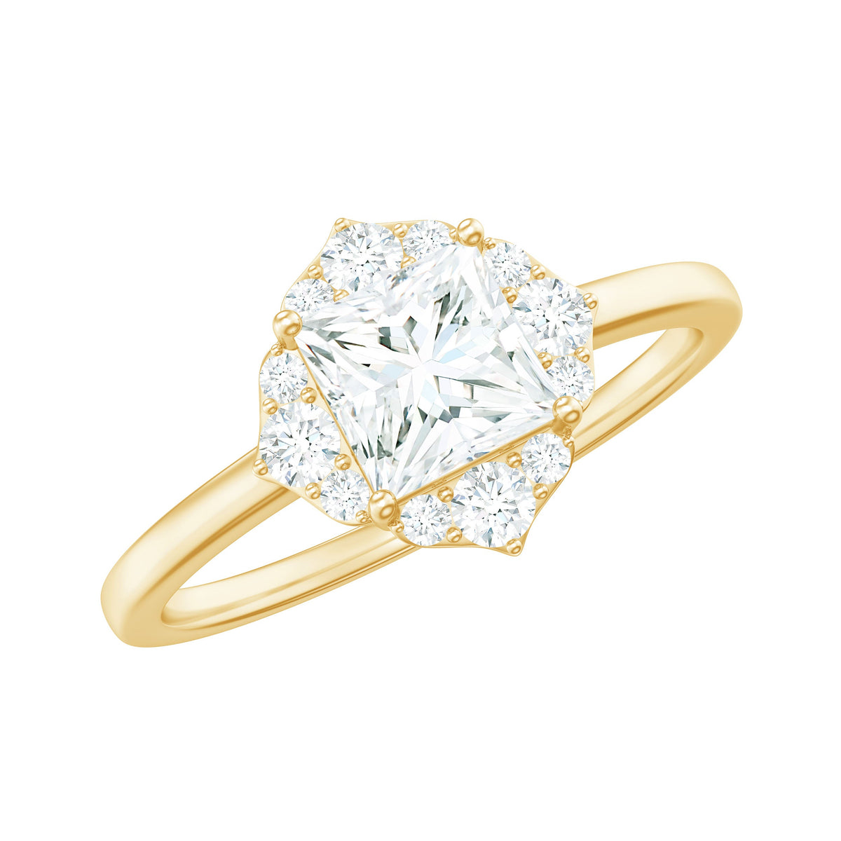 Princess cut moissanite floral engagement ring for women with intricate floral design, showcasing sparkling center stone and detailed band.
