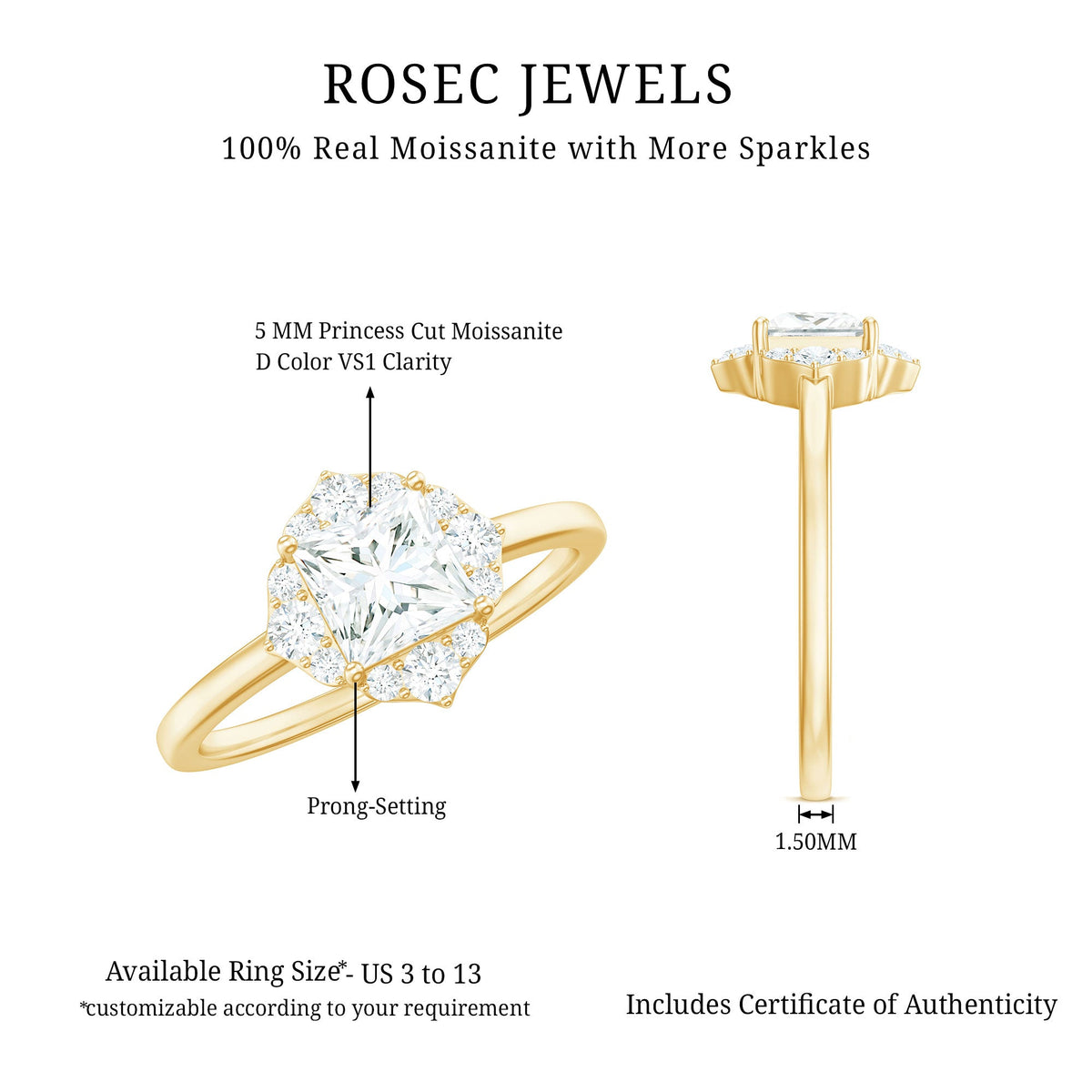 Princess cut moissanite floral engagement ring for women by Rosec Jewels, featuring a sparkling center stone and intricate floral design.