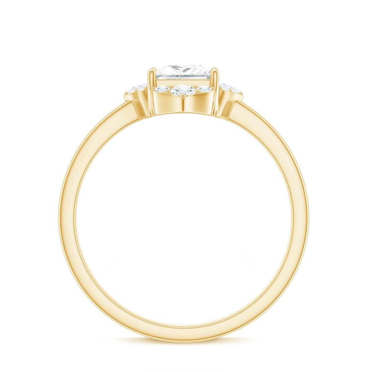 Princess cut moissanite floral engagement ring for women featuring intricate floral detailing, set in a elegant band.