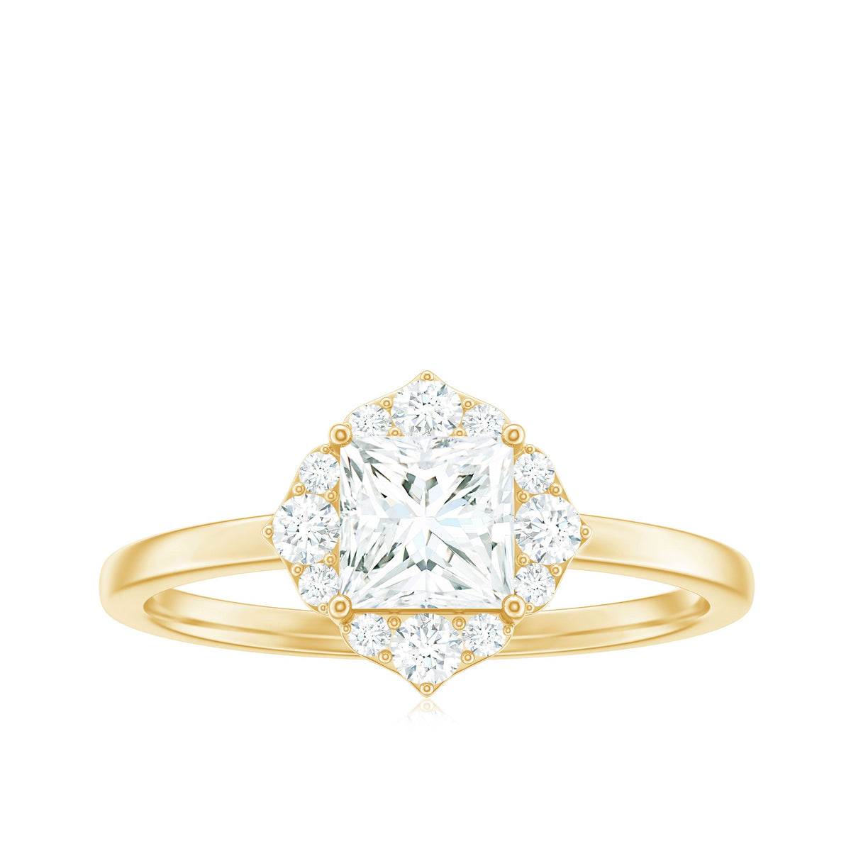 Princess cut moissanite floral engagement ring for women by Rosec Jewels, featuring a sparkling central stone and intricate floral design.