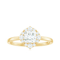 Princess cut moissanite floral engagement ring for women by Rosec Jewels, featuring a sparkling central stone and intricate floral design.