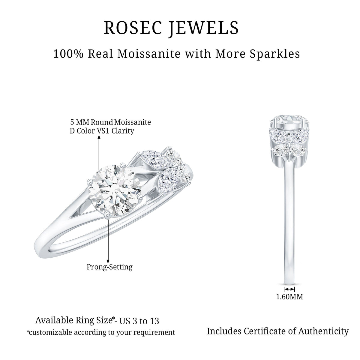 Certified Moissanite promise ring with butterfly motif from Rosec Jewels, featuring sparkling moissanite stones and a delicate butterfly design.