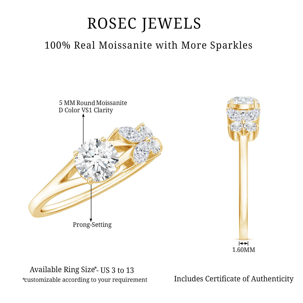 Certified Moissanite promise ring with butterfly motif, elegant gold band, showcasing detailed design and sparkling gemstone.