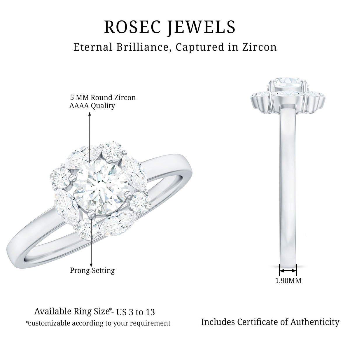 1.25 CT Round and Marquise Zircon Minimal Engagement Ring in Prong Setting