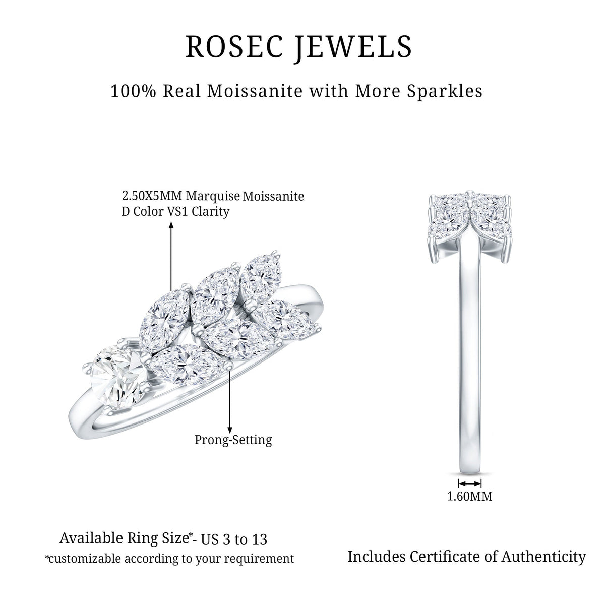 Nature-inspired moissanite anniversary ring for women featuring sparkling gemstones and intricate floral design by Rosec Jewels.