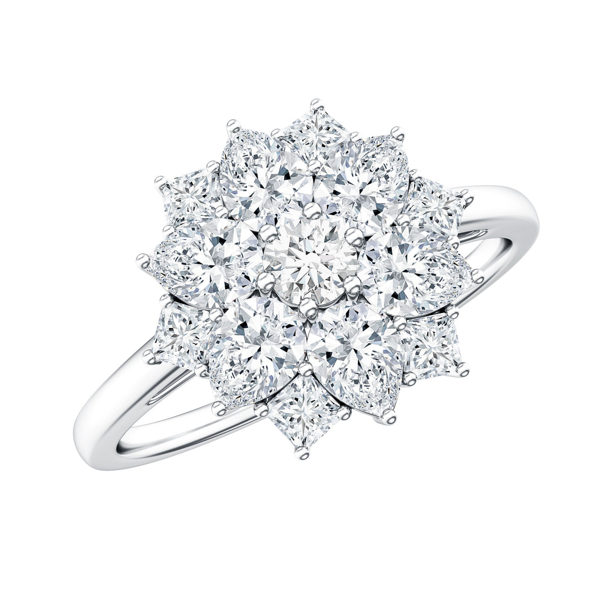 Women's moissanite flower engagement ring by Rosec Jewels featuring a detailed flower design and certificate of authenticity.