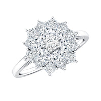 Women's moissanite flower engagement ring by Rosec Jewels featuring a detailed flower design and certificate of authenticity.