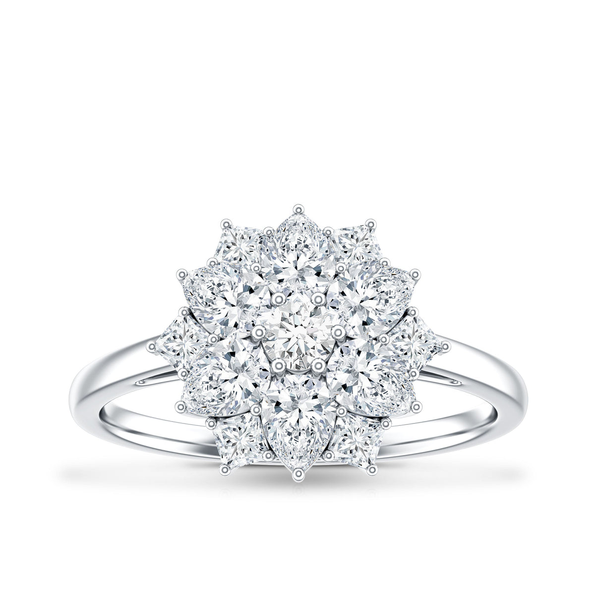 Women's moissanite flower engagement ring by Rosec Jewels featuring a detailed floral design and sparkling gemstone setting.