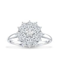 Women's moissanite flower engagement ring by Rosec Jewels featuring a detailed floral design and sparkling gemstone setting.