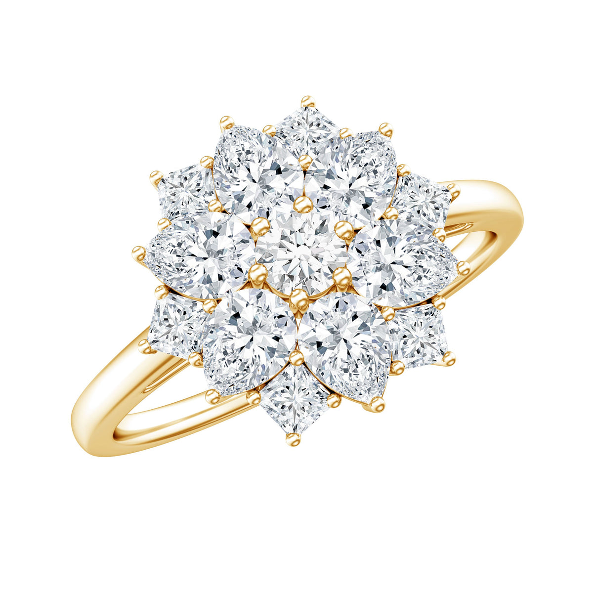 Women's moissanite flower engagement ring by Rosec Jewels featuring a detailed floral design and a certificate of authenticity.