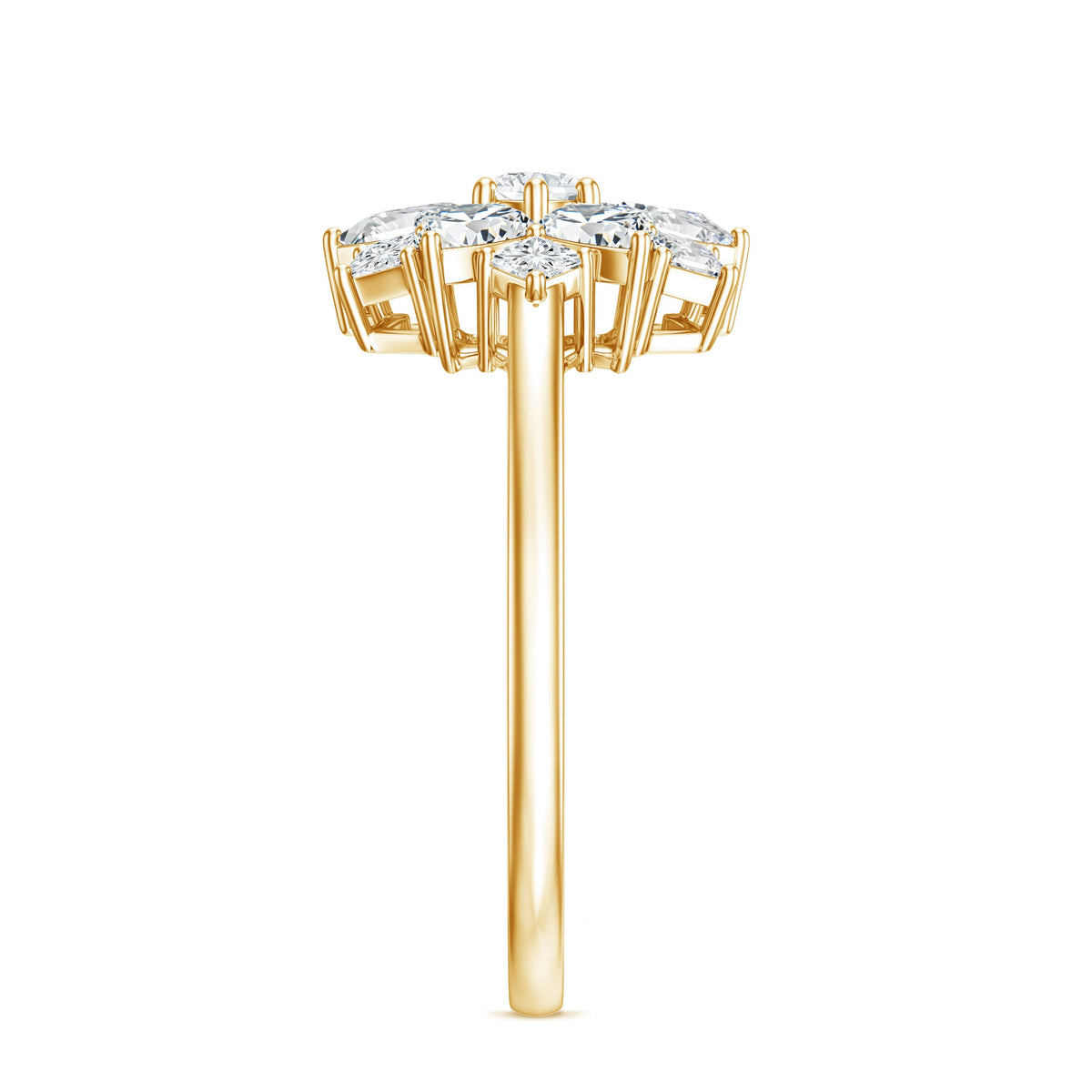 Women's moissanite flower engagement ring by Rosec Jewels featuring a central flower design and sparkling stones.