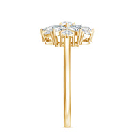 Women's moissanite flower engagement ring by Rosec Jewels featuring a central flower design and sparkling stones.