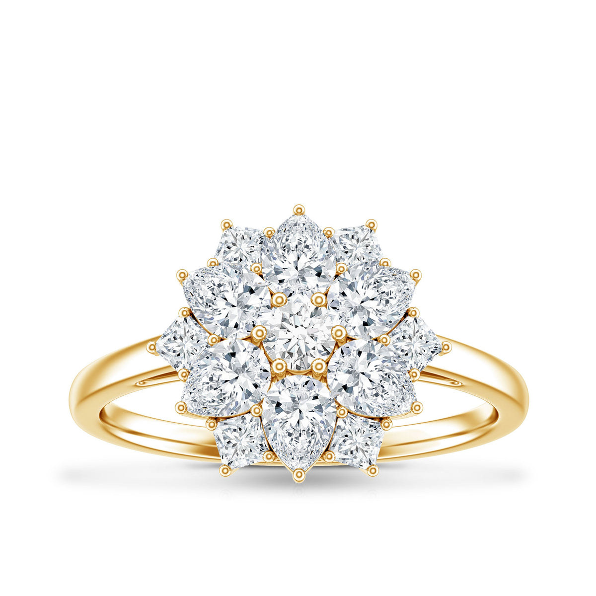 Women's moissanite flower engagement ring by Rosec Jewels featuring a detailed design and sparkling gemstone with certificate.