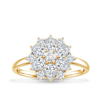 Women's moissanite flower engagement ring by Rosec Jewels featuring a detailed design and sparkling gemstone with certificate.