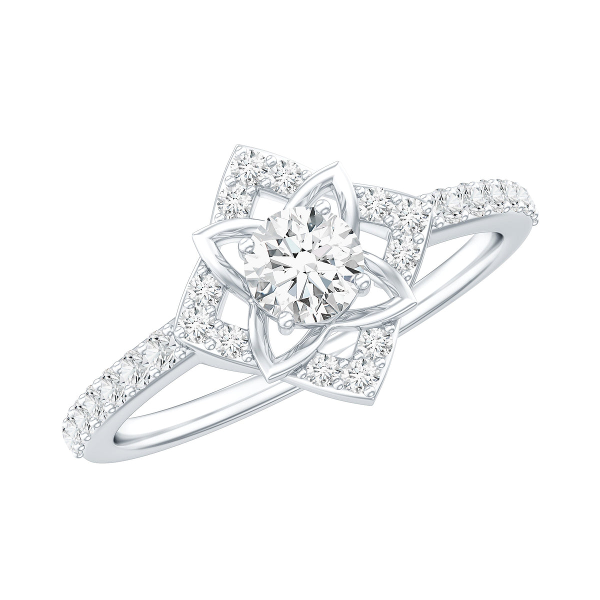 Certified Moissanite floral engagement ring for her with intricate floral design, set in a elegant ring from Rosec Jewels.