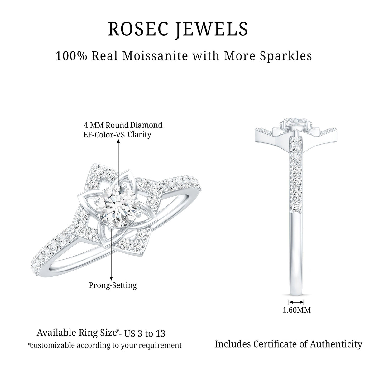 Certified Moissanite floral engagement ring for her with intricate design, set in a delicate band, by Rosec Jewels.