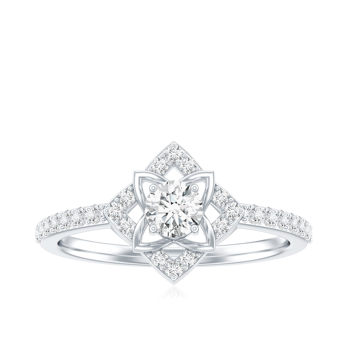 Certified Moissanite floral engagement ring for her featuring intricate floral design and sparkling moissanite stones by Rosec Jewels.