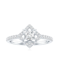 Certified Moissanite floral engagement ring for her featuring intricate floral design and sparkling moissanite stones by Rosec Jewels.