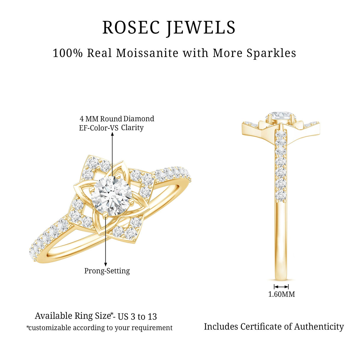 Certified Moissanite floral engagement ring for her by Rosec Jewels, featuring a detailed floral design with sparkling stones.