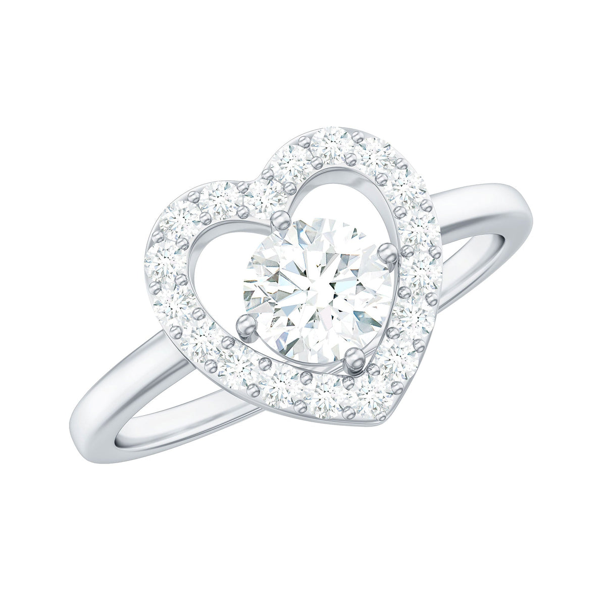 Round cut zircon heart engagement ring with halo detailing by Rosec Jewels, showcasing a sparkling central stone and intricate design.