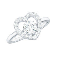 Round cut zircon heart engagement ring with halo detailing by Rosec Jewels, showcasing a sparkling central stone and intricate design.