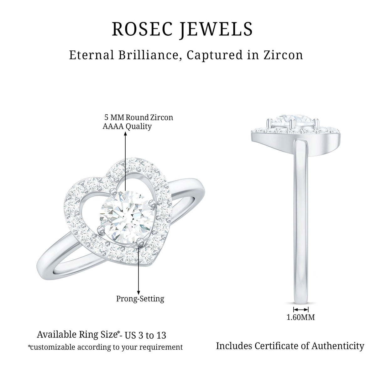 Round cut zircon heart engagement ring with halo setting by Rosec Jewels, showcasing a sparkling central stone and intricate band design.