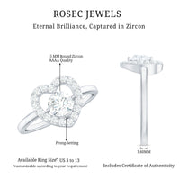 Round cut zircon heart engagement ring with halo setting by Rosec Jewels, showcasing a sparkling central stone and intricate band design.