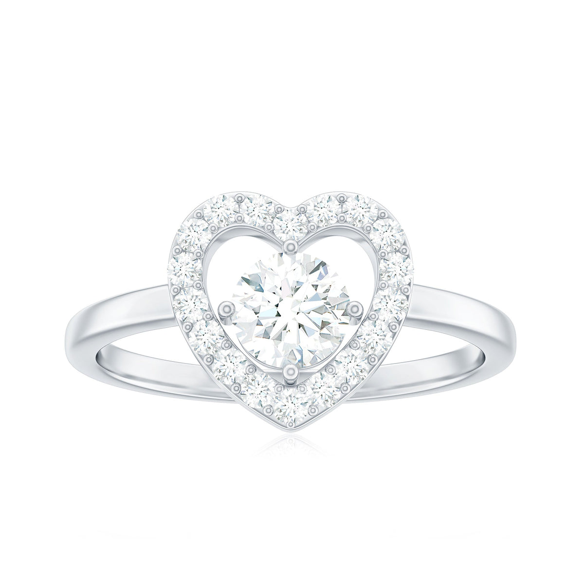 Round cut zircon heart engagement ring with halo setting from Rosec Jewels, featuring a 1-carat center stone and intricate band details.