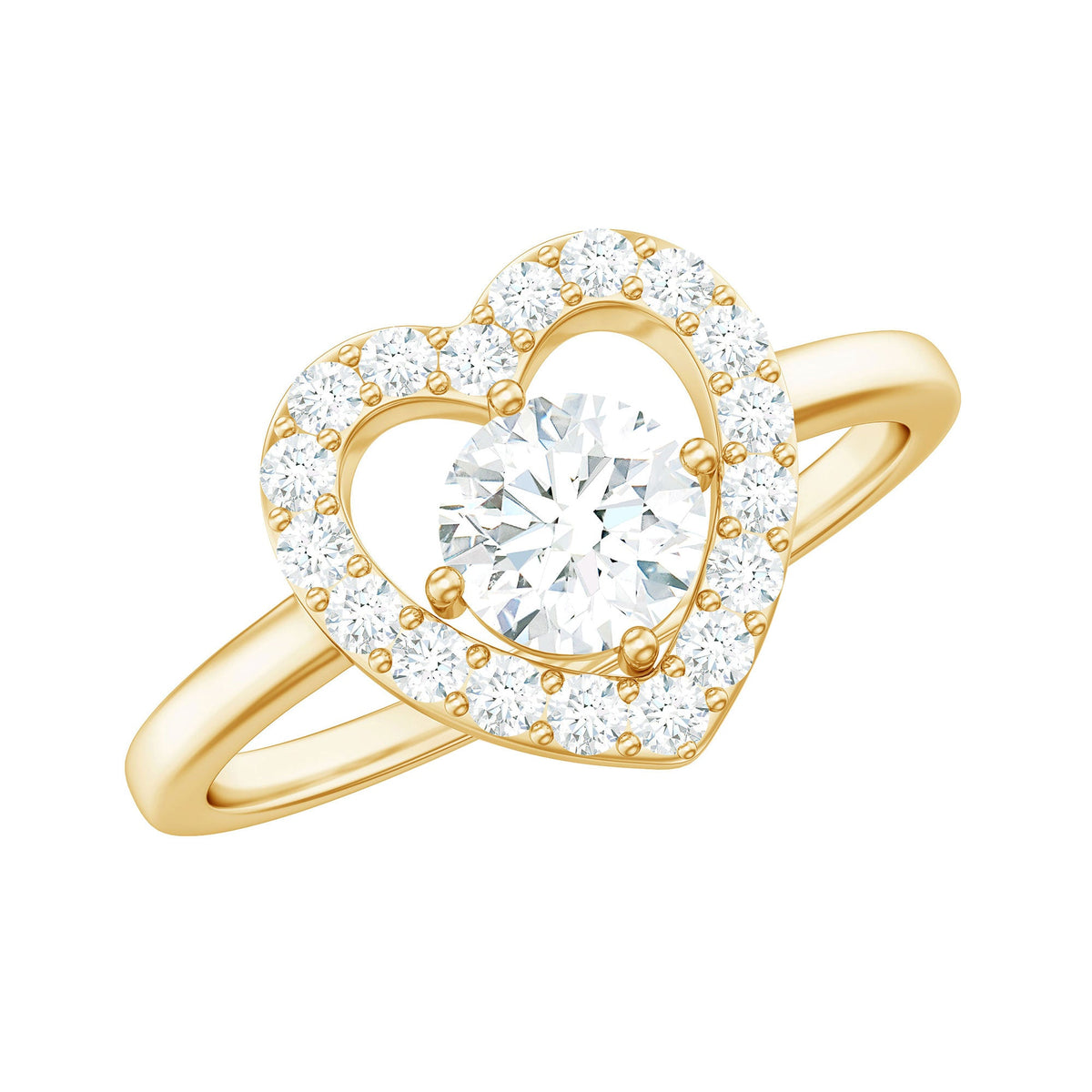 Rosec Jewels 1 CT round cut zircon heart engagement ring with halo, featuring a detailed band and sparkling central stone.