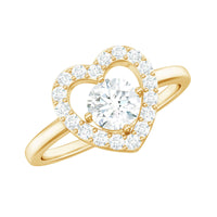 Rosec Jewels 1 CT round cut zircon heart engagement ring with halo, featuring a detailed band and sparkling central stone.