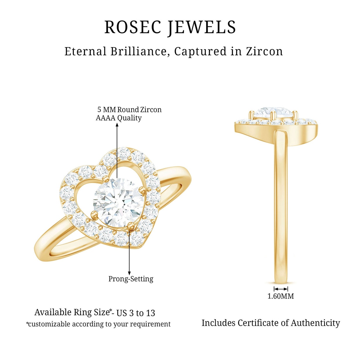 Round cut zircon heart engagement ring with halo setting from Rosec Jewels, featuring a sparkling central stone and intricate band detail.