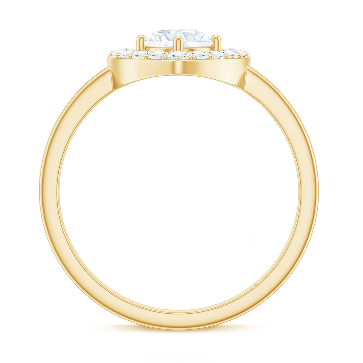 Round cut zircon heart engagement ring with halo setting by Rosec Jewels, featuring a 1-carat center stone and intricate detailing.