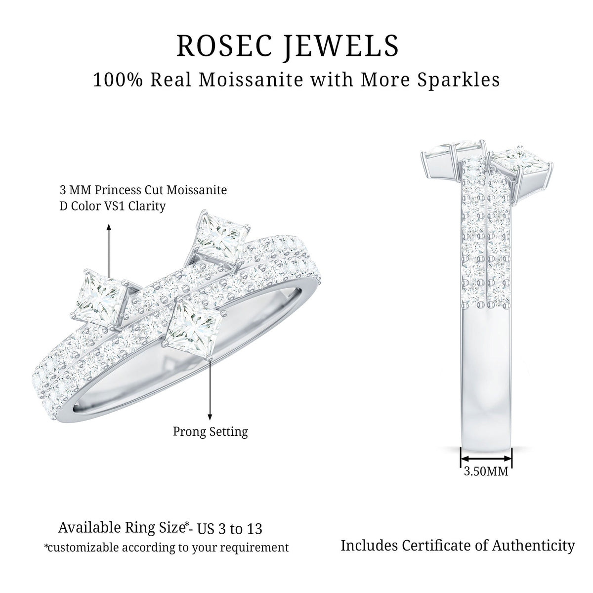 Rosec Jewels princess and round cut moissanite wedding band featuring sparkling gemstones on a sleek silver ring.