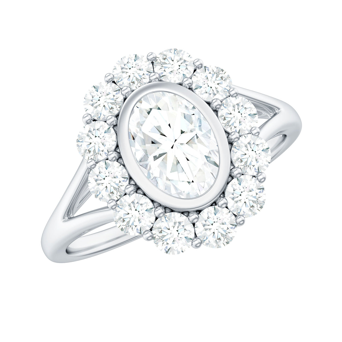 Oval cut moissanite halo engagement ring with split shank in rose gold, featuring intricate detailing and sparkling gemstone accents.