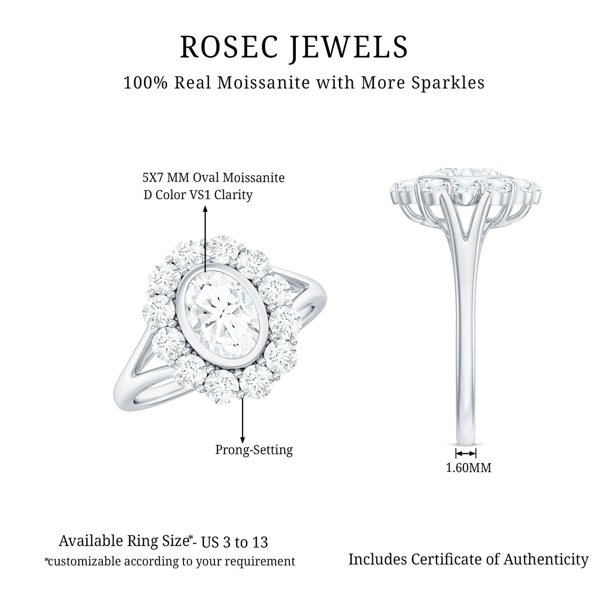 Oval cut moissanite halo engagement ring with split shank, featuring intricate design and sparkling accents, by Rosec Jewels.