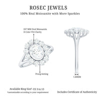 Oval cut moissanite halo engagement ring with split shank, featuring intricate design and sparkling accents, by Rosec Jewels.